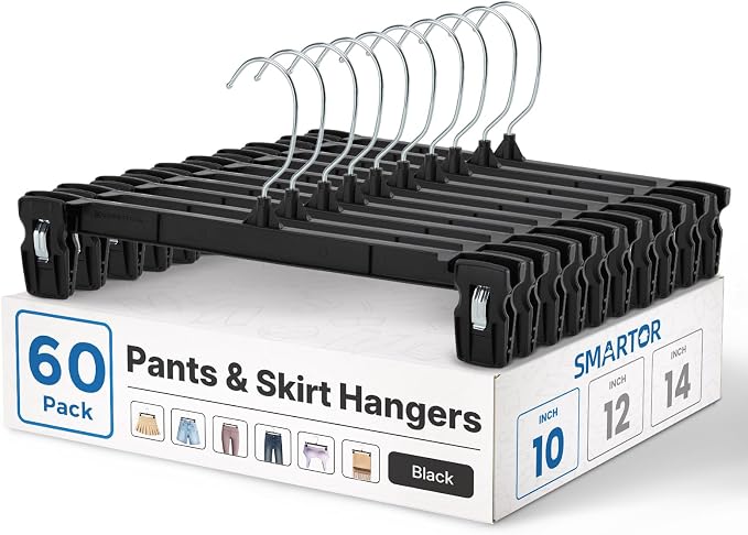 Smartor Space Saving Hangers 60 Pack, Slim Plastic Pants and Shorts Hangers, Ridged Non-Slip with Pinch Clips, 360-Rotating Chrome Swivel Hook, Black Plastic Hanger - 10 Inches | Non-Slip Clips, 360° Swivel Hooks; Compact Plastic Clip Hangers for Dorms... by Smartor