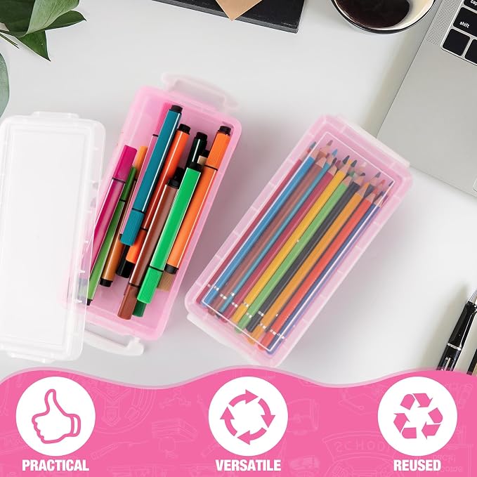 Gueevin 24 Pcs Large Capacity Plastic Pencil Box Clear Plastic Pencil Case Crayon Box with Snap Tight Lid Watercolor Pen Storage Brush Organizer Drawing Tools Container (Light Pink) - Image 4