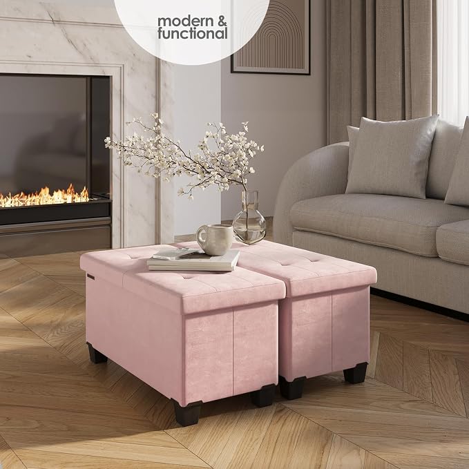 Storage Ottoman Bench with Bins, 30-in Storage Bench for Bedroom End of Bed, Folding Foot Rest Ottoman for Living Room Max 660lbs, Velvet Ottomans, Pink - Image 2