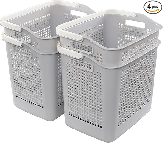 Asking 4-Pack 35 L Plastic Laundry Baskets, Gray Clothes Basket with Handle | Double Carry Handles, Sturdy Plastic, Perfect for Laundry, Towel, Toy Organizing by Asking