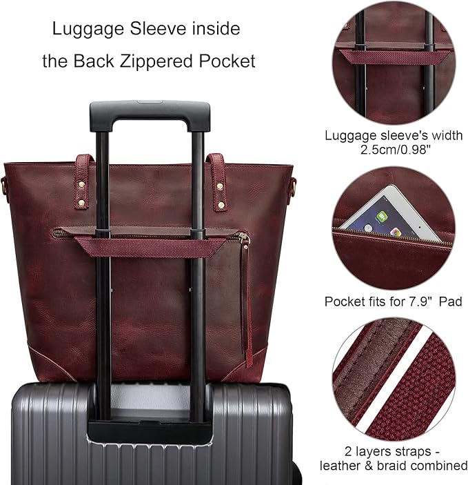 S-ZONE Vintage Genuine Leather Shoulder Bag Work Totes for Women Large | Top Grain Leather, Purse Handbag, Fits Laptop Documents, Luggage Sleeve, Multi Pockets, Work Travel Everyday - Image 6