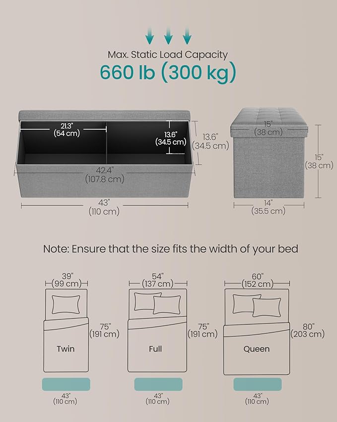 SONGMICS MAZIE Collection - 43 Inches Folding Storage Ottoman Bench, Ottoman Foot Rest, End of Bed Bench, Storage Chest, Load 660 lb, for Living Room, Bedroom, Entryway, Light Gray ULSF77G - Image 3