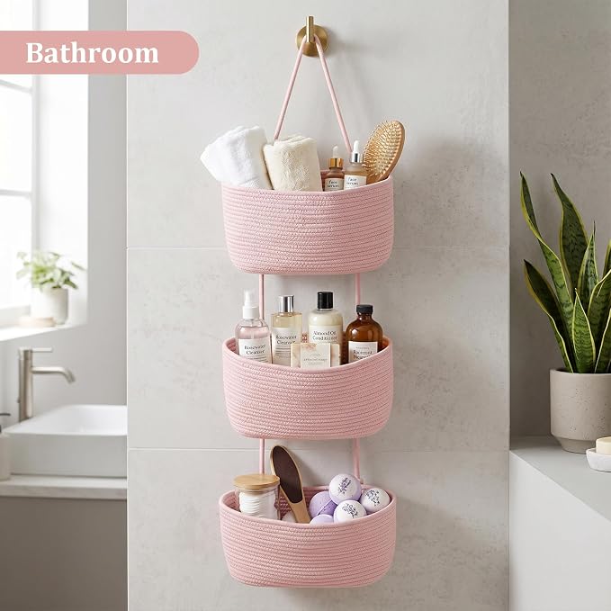 TeoKJ Over the Door Hanging Basket, 3-Tier Woven Cotton Wall-Mounted Storage Organizer Bag Decorative Hanging Nursery Baskets, Pink - Image 8