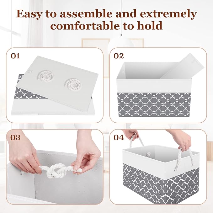 Storage Bins 4-Pack, Foldable Storage Baskets for Organizing Toys, Books, Shelves, Closet, Large Storage Box with Rope Handles, Sturdy Organizer Bins,Clover Grey - Image 4