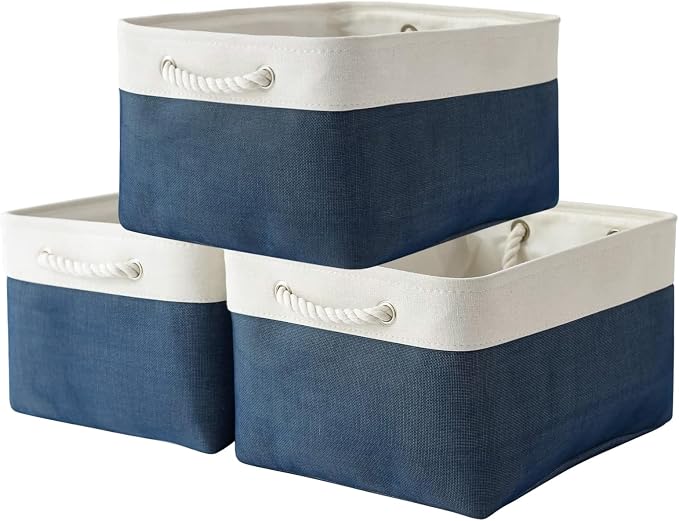 Collapsible Storage Bin for Shelves - Large 3 Pack 16x12x8 inch Storage Basket for Organizing with Handles, Canves Storage Box for Organizer Toy Closet Cloth Gift (White & Jean Blue) by TheWarmHome