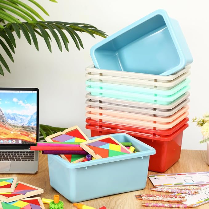 Thyle 12 Pieces Plastic Cubby Bins with Labels 11.6 x 7.7 x 5 Inch Classroom Book Bins Stacking Storage Container Organizer Storage Cubbies for Classroom Office (Retro Color) - Image 6
