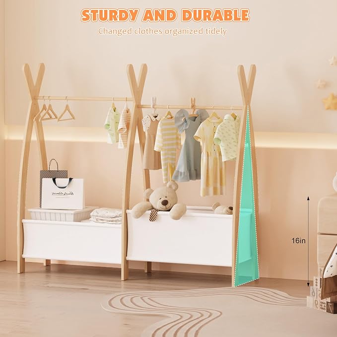 NACHES Small Kid Clothing Rack Wood Montessori Garment Rack for Toddler Baby Wardrobe Closet Compact Dress Up Storage Organizer Hanging Rod with Basket for Costume Princess Skirt Coat Bedroom Nursery - Image 6