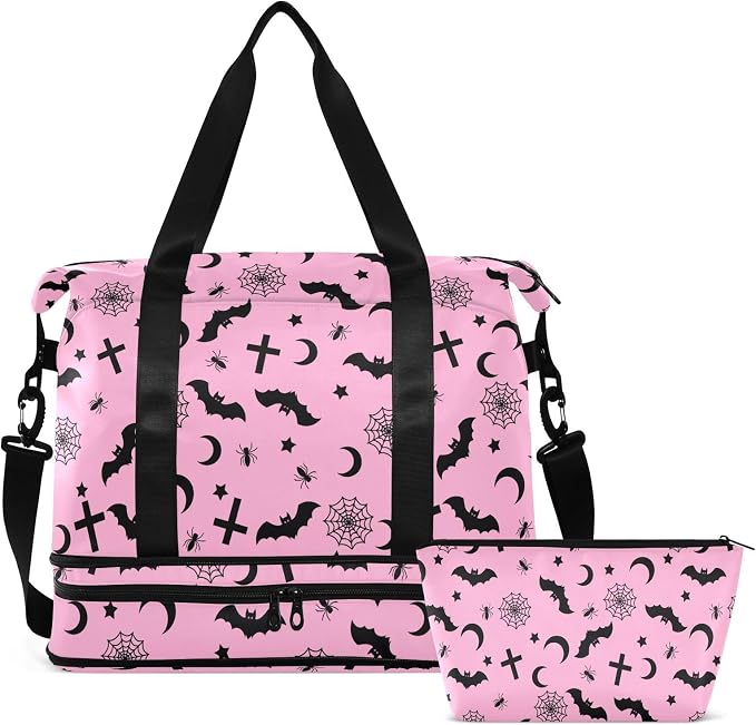 Gothic Pink Travel Duffel Tote with Bats - Sports Weekender Overnight Gym Carry On Hospital Bag for Women & Men by MNSRUU