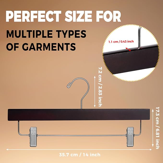 Quality Hangers Wooden Pants Hangers - 100-Pack Swivel Hook Cloth Hanger Set - Lotus Wood Skirt, Pant, Shorts and Slack Hangers with Adjustable Clip – Clothing Hanger Set (Mahogany, 100) - Image 3