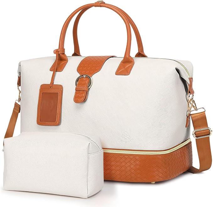 Leather Weekender Bags for Women, Travel Duffel Bag PU Overnight Bag Carry On Tote Bag with Shoe Compartment Wet Pocket by DensataTravelBag