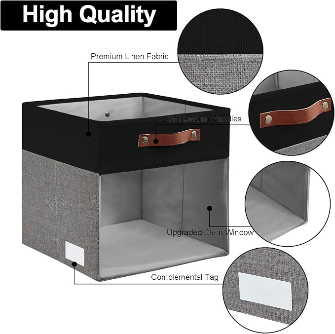 Storage Cubes, 4 Pack Linen Foldable Storage Bins (13 x 13 inch) with Clear Window and Handles, Fabric Organizer for Shelf Closet, Clothes, Books - (Gray and Black) - Image 4