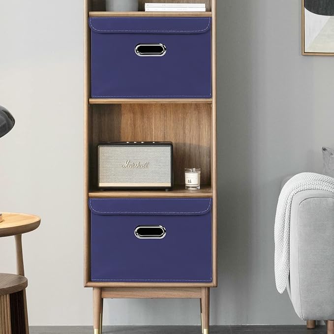 Linen Fabric Foldable Collapsible Storage Cube Bin Organizer Basket Fabric Storage Bins with Lid, Leather Handles, Removable Divider for Home, Closet,Navy Blue 3Pcs - Image 5