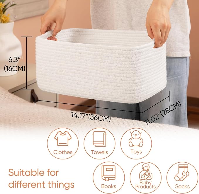 OIAHOMY 4 Pack 14.17 * 11.02 * 6.3IN Storage Baskets for Organizing Shelves, Woven Rope Baskets for Organizing Books, Clothes, Decorative Basket for Living Room, Nursery, Bedroom, Gift Basket, White - Image 2