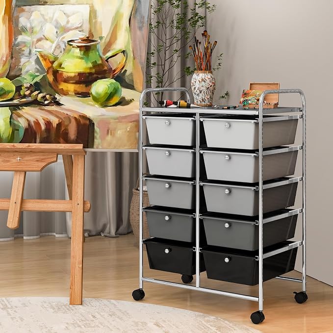 RELAX4LIFE Rolling Storage Cart with 10 Drawers - Craft Storage Cart with Lockable Wheels,Utility Cart, Art Cart Organizer for Crafting Storage, Office, School Rolling Drawer Cart (Gradient Black) - Image 2