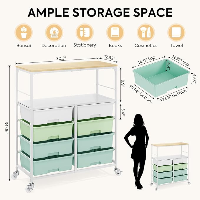Rolling Storage Cart with 8 Large Drawers, Wooden Tabletop | Open Storage Shelves, Mobile Craft Organizer with Lockable Wheels for Home, Classroom, Office Supplies & Art Studio,Green - Image 3
