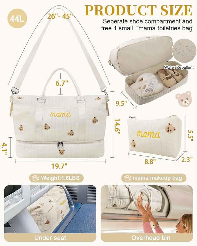 Mama Maternity Hospital Bag Essentials for Women Labor Delivery Baby Diaper Organizer with Shoe Compartment & Toiletry Pouch Travel Duffle Bag for Pregnancy Mommy Weekender Overnight Gifts,Beige Bear - Image 6