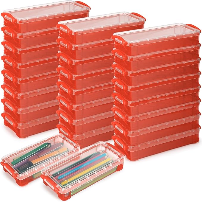 Gueevin 24 Pcs Large Capacity Plastic Pencil Box Clear Plastic Pencil Case Crayon Box with Snap Tight Lid Watercolor Pen Storage Brush Organizer Drawing Tools Container (Red) by Gueevin