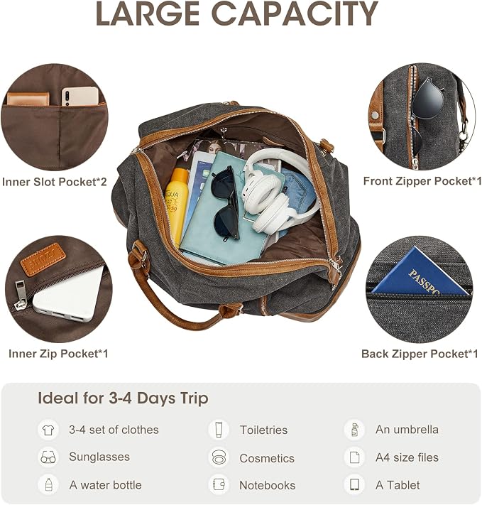 S-ZONE Weekender Bag for Men Canvas Duffle Large Weekend Overnight Travel Carry On Tote Bag with Shoe Compartment Black | Anti-wrinkle Canvas,Adjustable Shoulder Strap,1 Main Compartment and 7 Pockets,with Shoe Compartment - Image 6