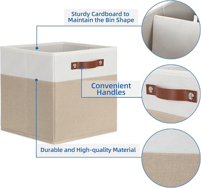 Temary Fabric Storage Cubes - 12 Inch Collapsible Bins (4Pack) - Empty Gift Baskets for Organizing Shelves, Closets, Nursery (White & Khaki) - Image 3