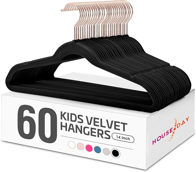 House Day Velvet Kids Hangers 60 Pack, Premium Children Hangers for Closet | Black Ultra Thin Cute Non Slip Kid Felt Clothes Hanger 14 Inch, Small Hanger for Toddler Clothes +360° Swivel Rose Gold Hook by HOUSEDAY