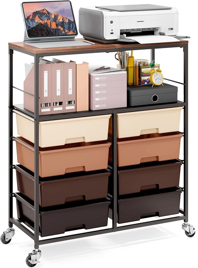 Rolling Storage Cart with 8 Large Drawers, Wooden Tabletop | Open Storage Shelves, Mobile Craft Organizer with Lockable Wheels for Home, Classroom, Office Supplies & Art Studio,Brown by APEXCHASER