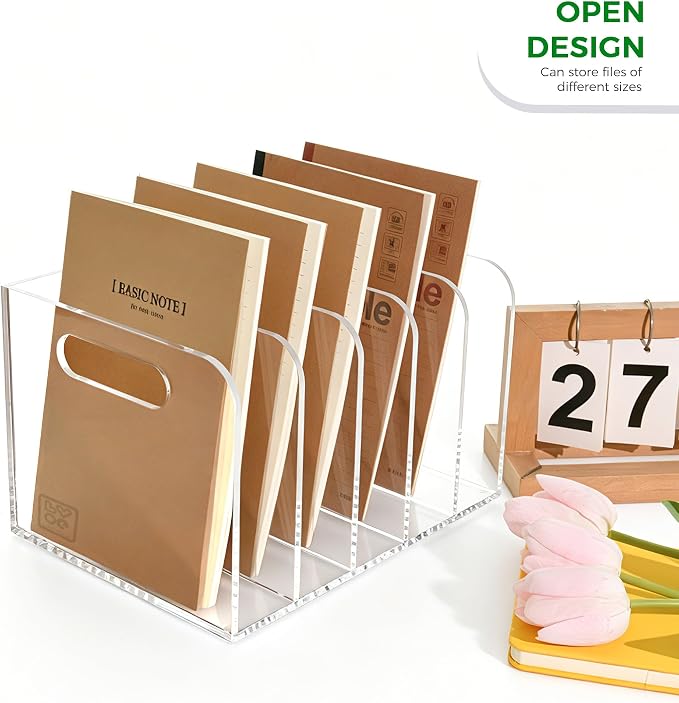 Lovemolly 5-Slot Clear Acrylic Magazine File Holder, Vertical Desk Organizer with Handle – No-Assembly Document Sorter for Office & Home, 7.48 x 10.04 x 6.3 in - Image 3