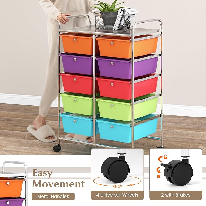 COSTWAY 10 Drawer Rolling Storage Cart, Utility Cart with Lockable Wheels | Mobile Art Supply Craft Organizer with Metal Frame, Multipurpose Drawer Cart for Paper for Office, School, Multi-color - Image 5