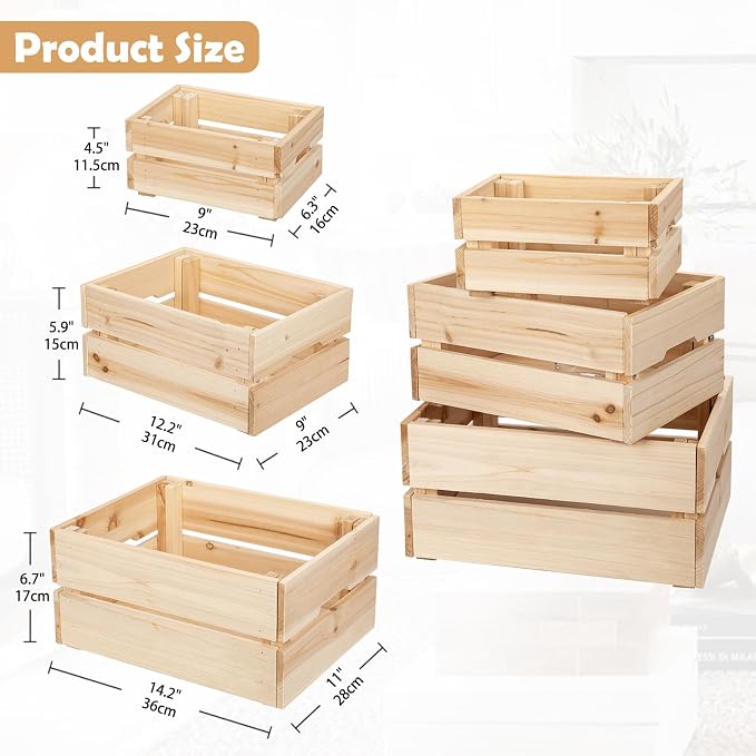 Oairse Set of 3 Rustic Wooden Storage Crates - Vintage Wood Storage Boxes with Handle for Home Organization Wooden Container Boxes Wood Baskets for Display Kitchen Pantry Cabinet, Shelf, Counter - Image 5