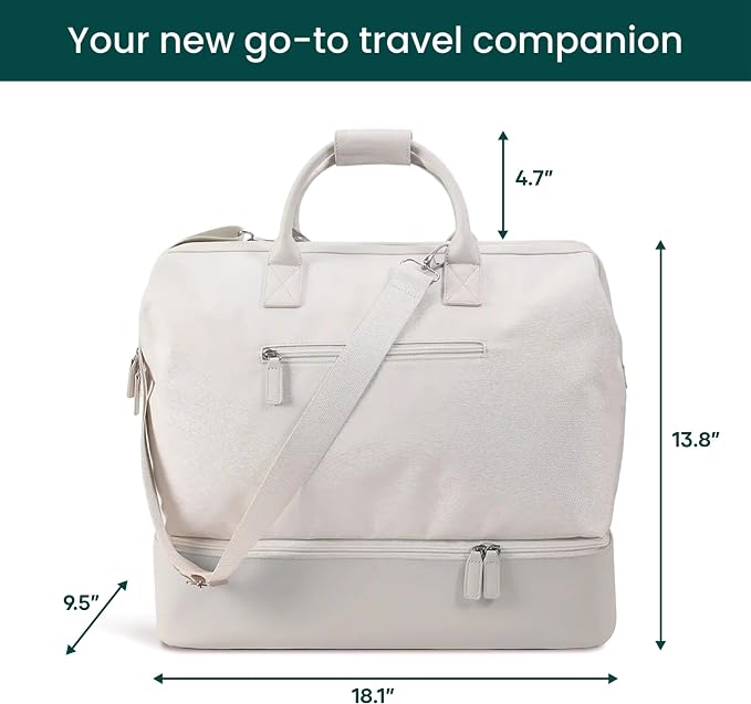 Nobl Travel Weekender Bag for Women & Men, Large Carry-On Duffel, Beige | Leather Overnight Tote with Trolley Sleeve, Separate Shoe Compartment & Laptop Pocket for Airplane, Gym & Road Trips - Image 4