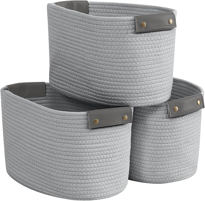 3 Pack Woven Cotton Rope Storage Basket, 15x10x9, Gray | Faux Leather Handles; Decorative Closet Shelf Organizer; Ideal for Storage & Organization by Organizix