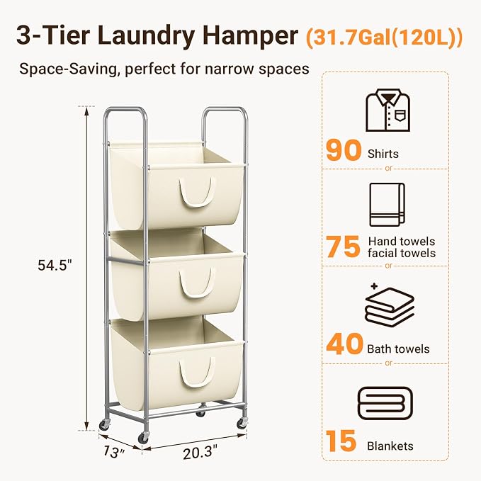 ELYKEN 3-Tier Vertical Rolling Laundry Hamper with Wheels & Removable Bags | 120L Capacity, Space-Saving Design, Locking Casters, 3 Section Laundry Sorter for Apartments, Small Spaces, Closet, Dorm - Image 3