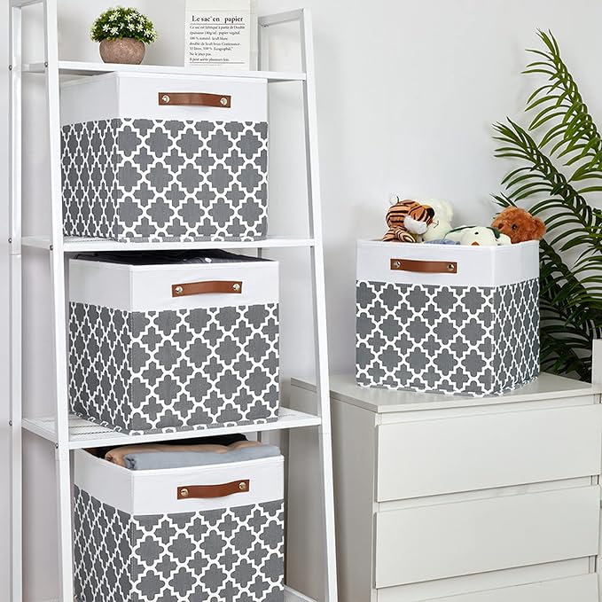 Temary Cube Storage Bins 13x13 - 4 Pack Cube Storage Bins for Shelf with Handles (Grey Lattice) - Image 6