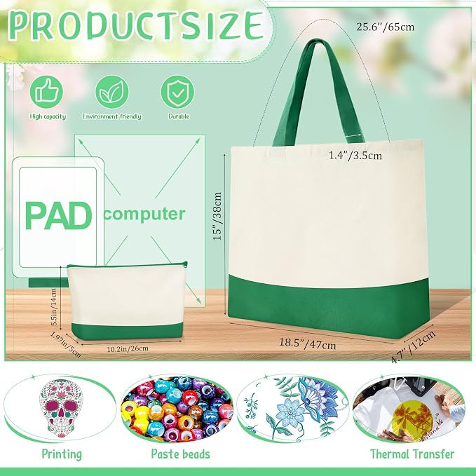 Sanwuta 30 Pcs Canvas Tote Bags Bulk with Zipper Cosmetic Pouch,Green | 18.5" Reusable Cotton Shopping Bag with Handle for DIY Craft - Image 3