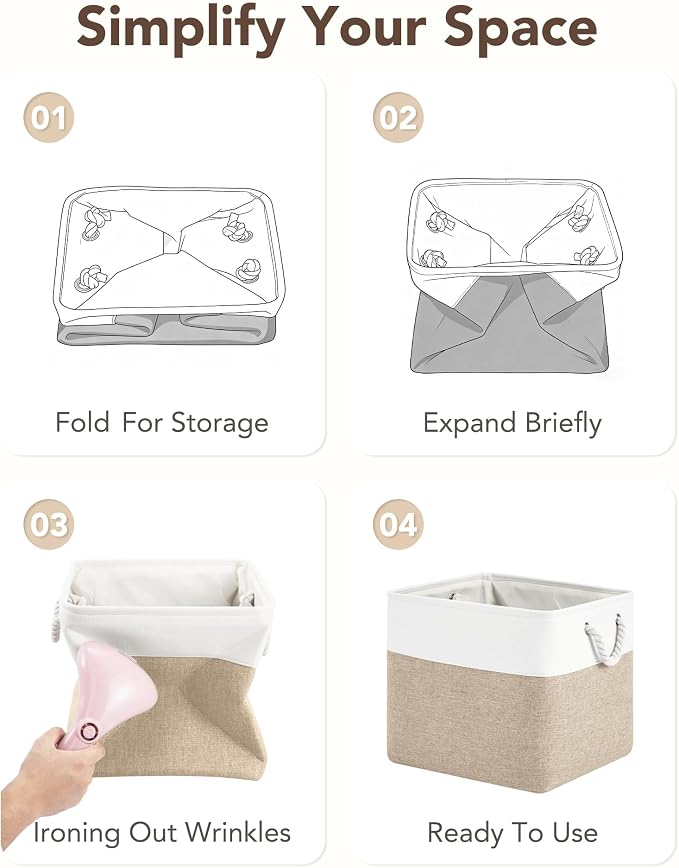 13x15x13 Inch Large Storage Bins with Cotton Rope Handles 6-Pack | Foldable, Top support of metal frame, Bottom with Cardboard Support, Fabric Cube Storage Bins for Closet, White Khaki - Image 6