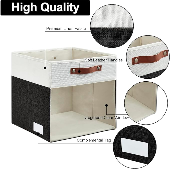 Storage Cubes, 4 Pack Linen Foldable Storage Bins with Clear Window and 2 Handles, 13x15x13 Storage Cube Bins for Shelf Closet, Kallax, Clothes, Books - (Black / Off-White) - Image 4
