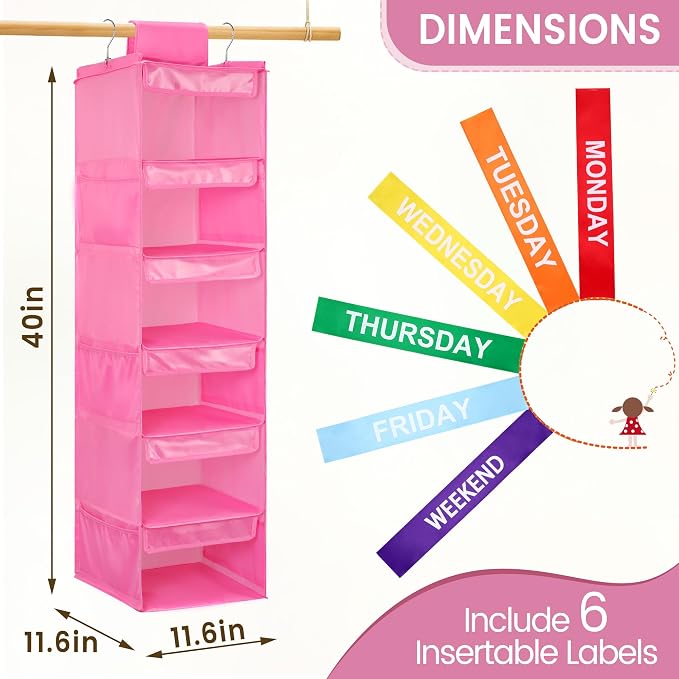 2 Pack 6-Shelf Weekly Clothes Organizer for Kids, Hanging Daily Closet Organization with 6 Side Pockets, Days of The Week Clothing Divider Storage for Boys and Girls (Pink) - Image 2