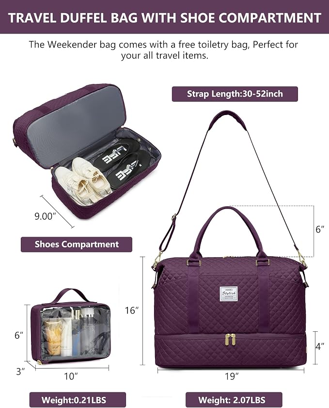 Women Weekender Travel Duffle Bag: Travel Duffel Overnight Bags with Shoe Compartment Carry on Tote Bag Toiletry Bag Weekend Yoga Gym Hospital Bags for Labor and Delivery with Wet Pocket Dark Purple - Image 5