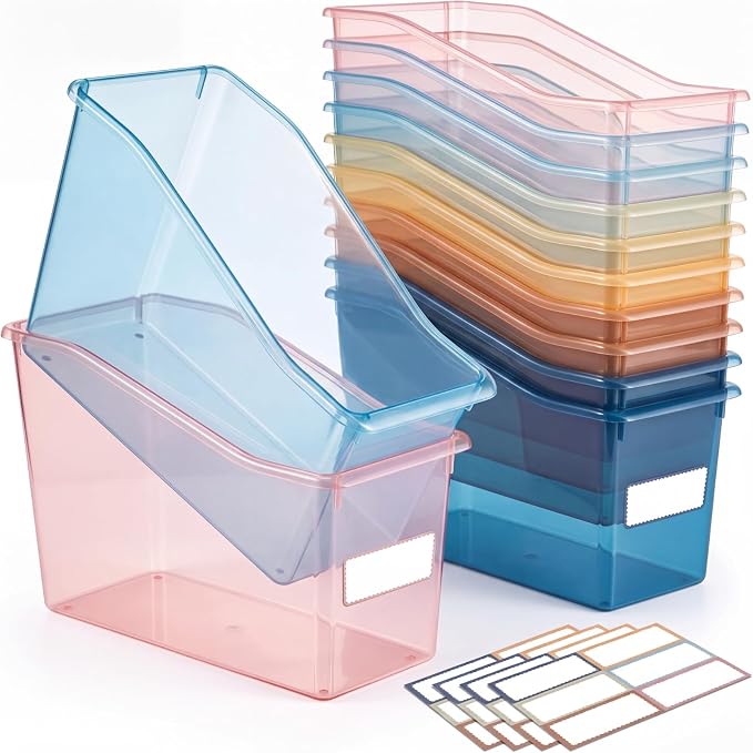 Geetery 12 Pcs Book Bin for Classroom with Labels Stackable Plastic Organizing Bins 11.5 x 5.4 x 7.5 in Book Holders Storage Bins Box Baskets for Classroom Library Home (Semitransparent) by Geetery