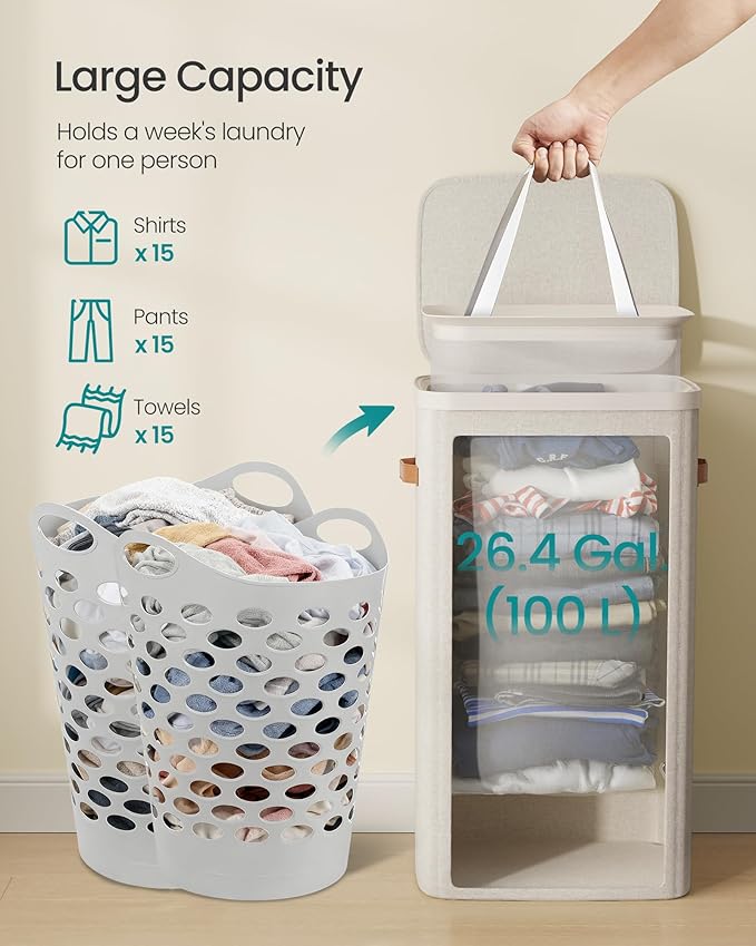 SONGMICS Laundry Basket, 26.4 Gal. Laundry Hamper, Easy Assembly, with Lid and Handles, Removable Liner, 16.5 x 12.6 x 29.5 Inches, Cappuccino Beige ULCB811LH01 - Image 4