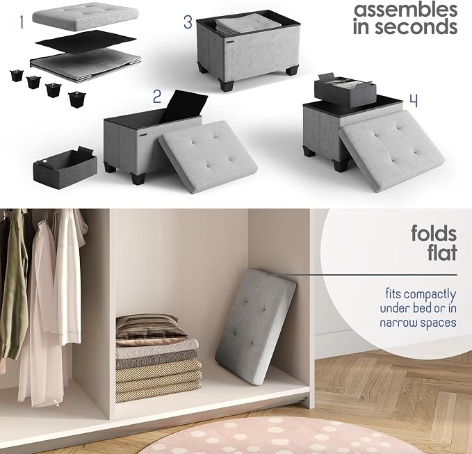Storage Ottoman Cube with Small Bin, 16-in Square Ottoman with Storage for Living Room and Bedroom, Small Ottomans Foot Rest, Velvet Foot Stools Ottomans Max 330lbs, Light Grey - Image 8