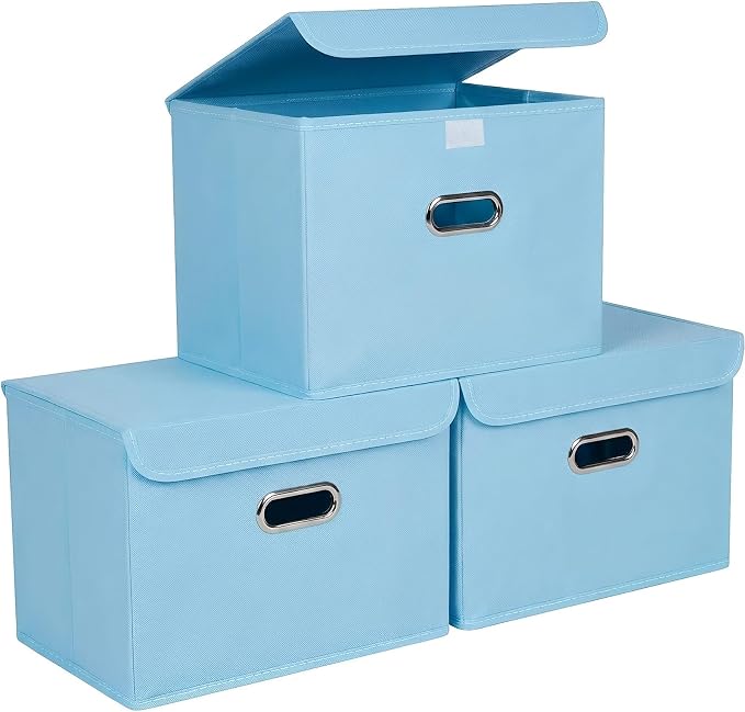 STOREONE Fabric Storage Cube Bins Foldable Organizer Container Collapsible Basket with Lids and Metal Handles, for Home, Bedroom, Closet 3 Pcs (multicolour-blue) by STOREONE