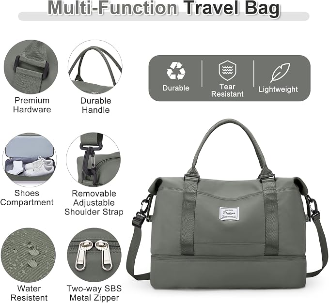 Weekender Bags for Women, Travel Duffel Bags with Shoe Compartment & Wet Pocket,Personal Item Travel Bag for Airlines,Carry on Overnight Tote Bag for women,3Pcs Set，Olive Green - Image 5