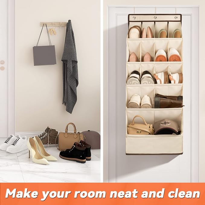 1 Pack Over the Door Shoe Organizers, Hanging Organizers with Large Pockets | with Large Deep Pocket Shoe Holder for Closet Shoes Rack for Wall, Over Door Shoe Storage Hold up to 18 Pairs Shoes, Beige - Image 4