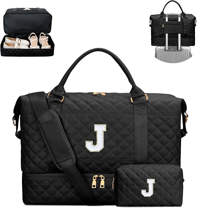 Personalized Duffle Bag for girls 8-10 10-12(Black,J) | Monogrammed Gifts for Women-Overnight Bags with Toiletry Bag-Weekender Bags with Shoe Compartment for Travel by Unknown
