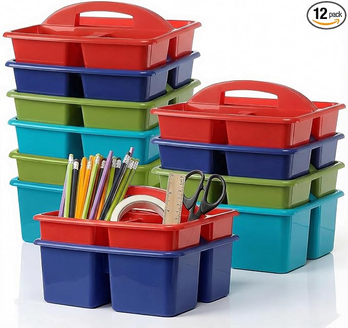 Kathfly 12 Pack Classroom Caddy Organizer with Handle, Plastic Art Craft Cleaning Caddy Bulk, Small Multipurpose Supply Organization Storage Basket for Table Desk Office Pencil Teacher (Deep Color) by Kathfly
