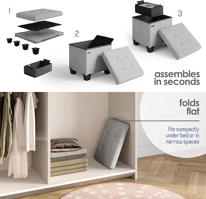 Storage Ottoman Cube with Small Bin, 15-in Square Ottoman with Storage for Living Room and Bedroom, Small Ottomans Foot Rest, Fabric Foot Stools Ottomans Max 330lbs, Light Grey - Image 9
