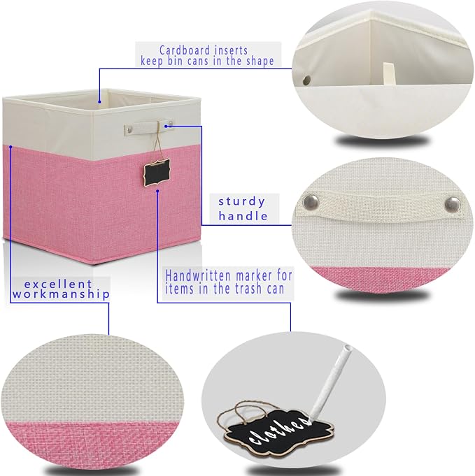 Storage Cubes,13 x 15 x 13 storage cubes,Foldable Fabric Storage Cubes with Labels 4 Pack,Linen Cube Storage Organizer Bins Kallax Storage Cubes for Organizing Shelves Cabinet(White pink). - Image 3