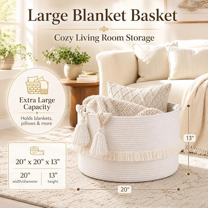 KAKAMAY Large Blanket Basket (20"x13"),Woven Baskets for storage Baby Laundry Hamper, Cotton Rope Blanket Basket for Living Room, Laundry, Nursery, Pillows, Baby Toy chest (White) | Extra Large Capacity,Blanket Storage | Laundry Basket | Natural Cotton... - Image 2