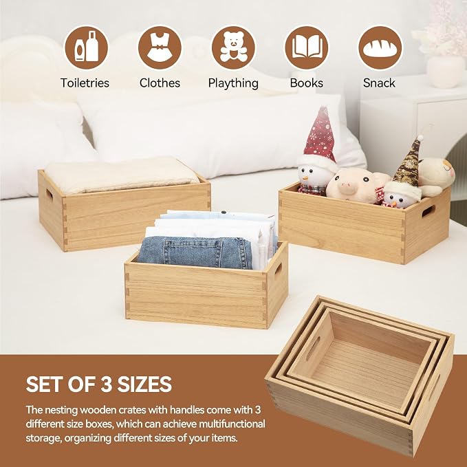 KIRIGEN Nesting Wood Crates with Handles, Set of 3 Storage Boxes Natural | 3 Different Size Decorative Box Organizer for Towels, Books, Crafts Fully Assembled - Image 2