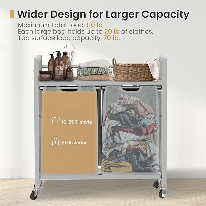 SwaaVee Laundry Sorter, Laundry Hamper with Wooden Top Shelf, 2×14.5Gal(110L), Metal Frame laundry basket with wheels, Pull out and Removable Laundry Bags, 2 Bags-Gray - Image 3